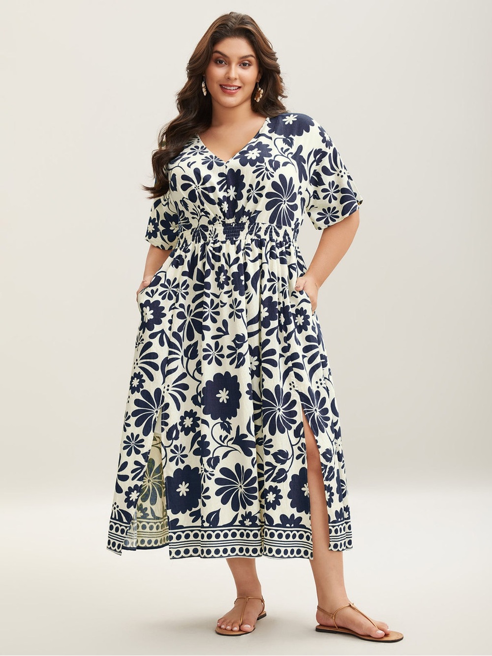NWT BloomChic Indigo Large Floral Print Pockets Midi Dress 3X - Picture 1 of 10